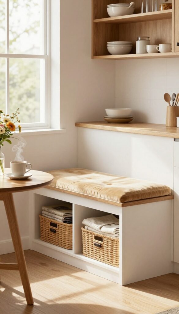 Bright kitchen breakfast nook with built-in bench and storage underneath, showing open drawers with linens and cookbooks.