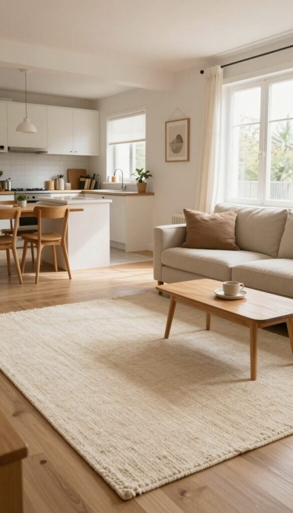 Two distinct rugs define the kitchen and living room zones in a small open-concept space, with a flatweave rug in the kitchen and a plush rug in the living room, creating visual boundaries without walls.
