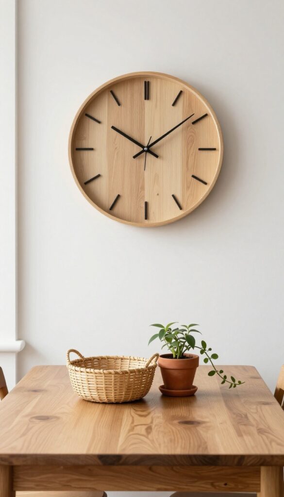 Oversized natural finish wall clock above a kitchen table with woven basket and trailing plant