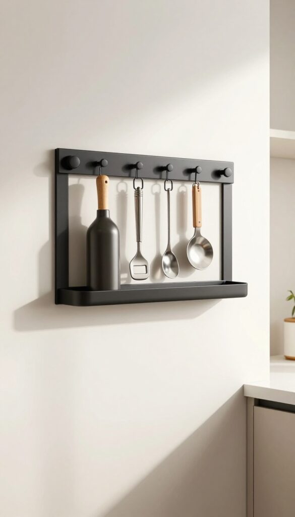 Magnetic strip on pantry wall holding metal lids and tools