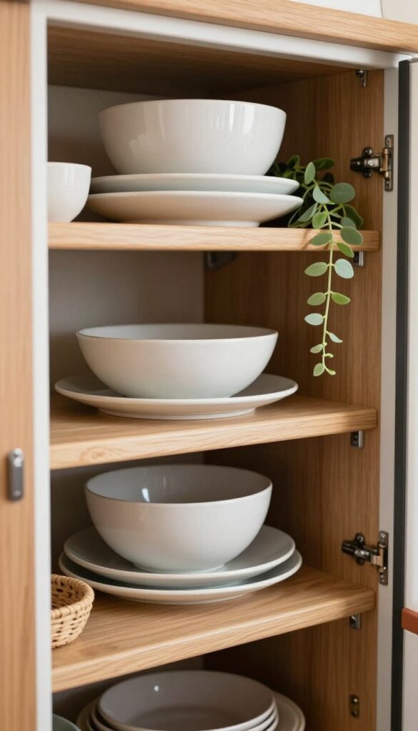 Open shelving in a camper kitchen displaying stacked plates and bowls with a plant and basket
