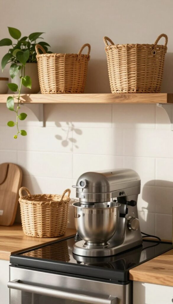 Over-the-fridge shelf with woven baskets and pothos plant in a cozy kitchen