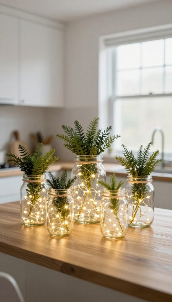 Mason jars with fairy lights on a kitchen island, creating a warm and cozy centerpiece.
