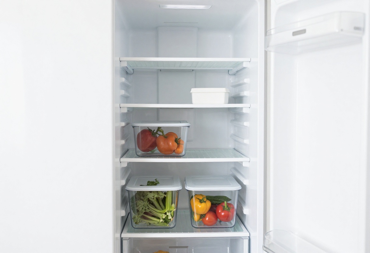 Clean refrigerator interior with organized food and baking soda