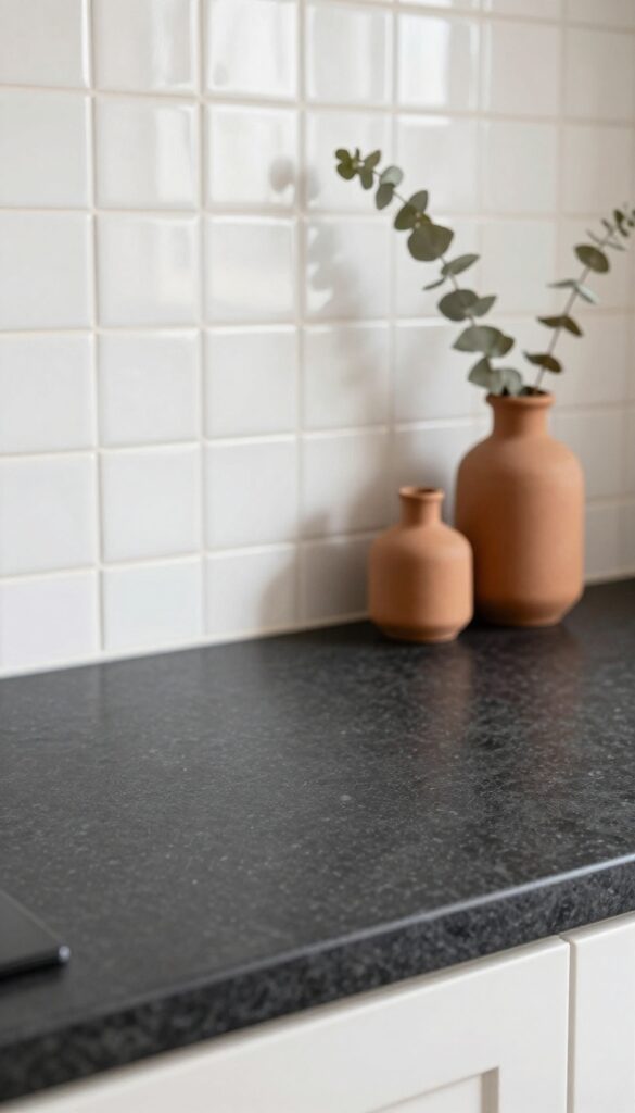 Dark soapstone countertop with white zellige tile backsplash, terracotta vase, and dried eucalyptus in natural light.
