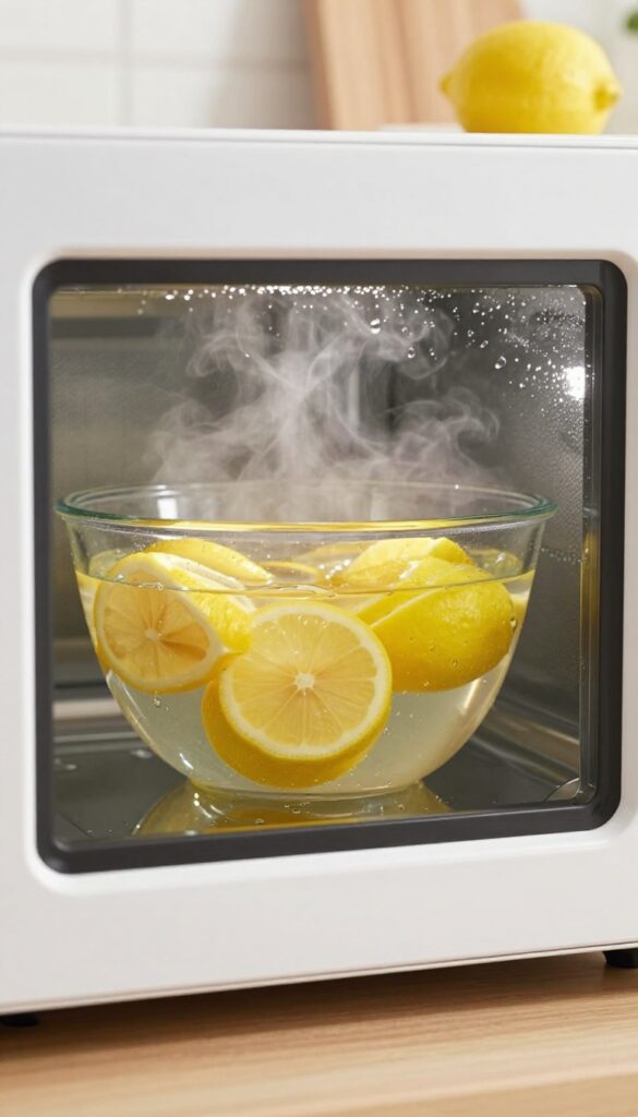 Microwave steam cleaning with lemon slices in a bowl