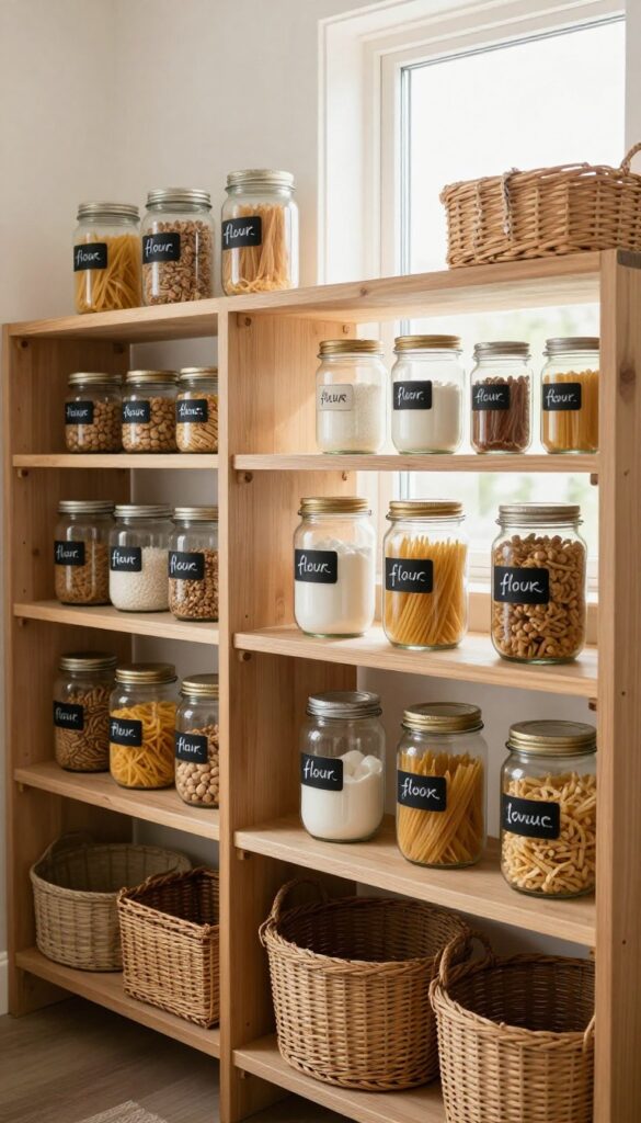 Bright pantry with labeled glass jars and woven baskets on wooden shelves, chalkboard stickers with handwritten labels, warm natural light, cozy and organized.