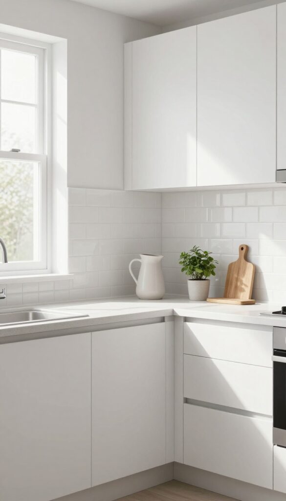 Peel-and-stick backsplash in a bright rental kitchen with white subway tile, natural light, and minimal countertop decor