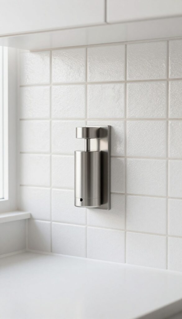 White penny tile kitchen backsplash with built-in soap dispenser and sponge holder, brushed stainless steel, warm gray grout, bright natural light, clean countertop
