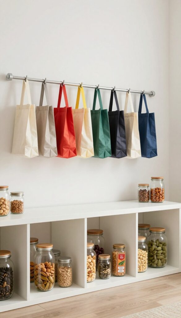 Tension rod holding bag clips and bags in a tidy pantry
