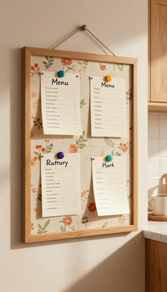 Fabric-covered magnetic board with decorative trim in a cozy kitchen