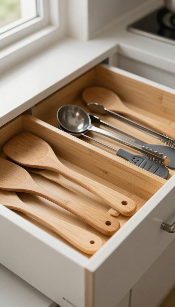 Organized kitchen drawer with bamboo dividers separating utensils neatly