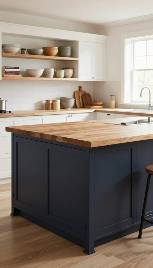Kitchen island with dark navy drawers on one side and open shelves with cookbooks and bowls on the other, butcher-block top, bright natural light