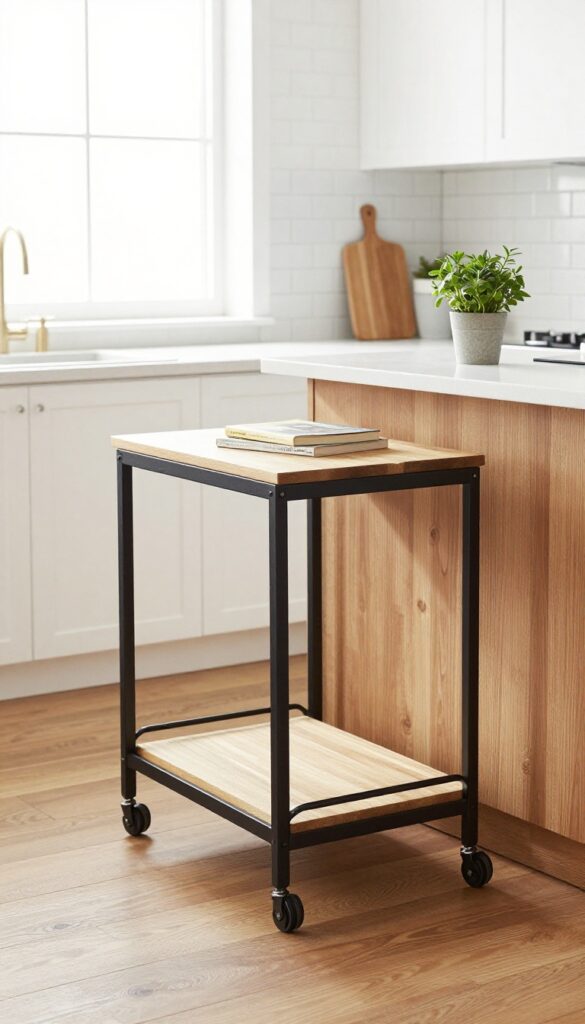 Slim rolling cart between counter and island in a bright kitchen