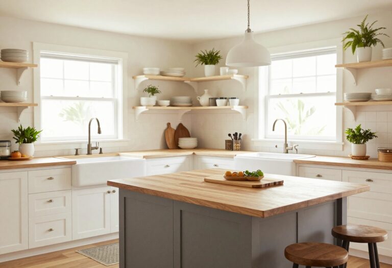 Kitchen island with farmhouse sink, butcher block counter, and gooseneck faucet in a bright, warm space