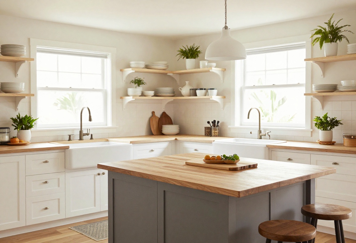 Kitchen island with farmhouse sink, butcher block counter, and gooseneck faucet in a bright, warm space
