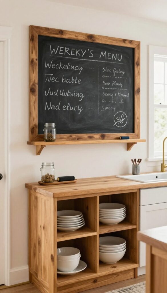 Farmhouse kitchen with chalkboard wall, reclaimed wood frame, shelf with mason jar, and handwritten menu