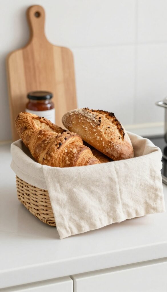 A lined seagrass basket with bread and baked goods on a modern kitchen counter, styled with a wooden cutting board and preserves jar.