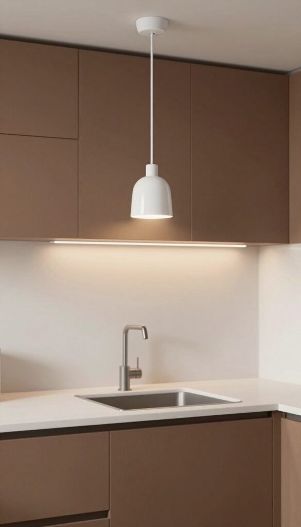 A bright kitchen with brown cabinets and a white glass globe pendant light hanging above the sink, adding vertical interest and warmth.