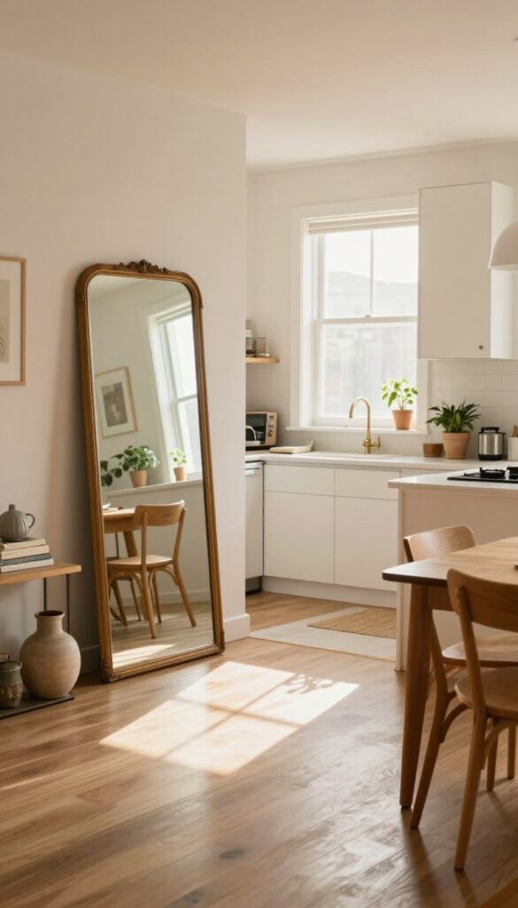 Large mirror reflecting light in a small open kitchen and living room
