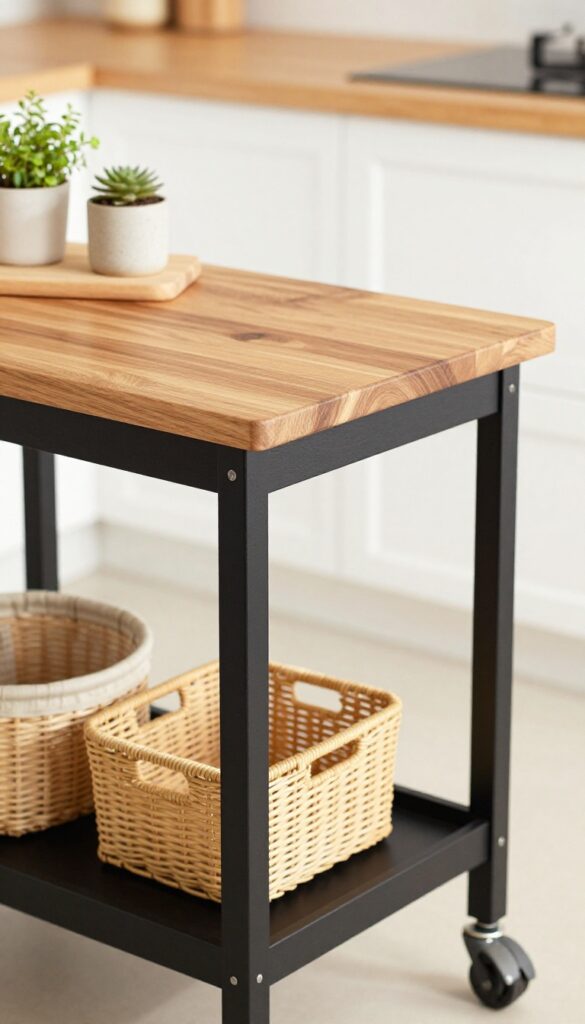 DIY rolling kitchen cart with butcher block top and casters