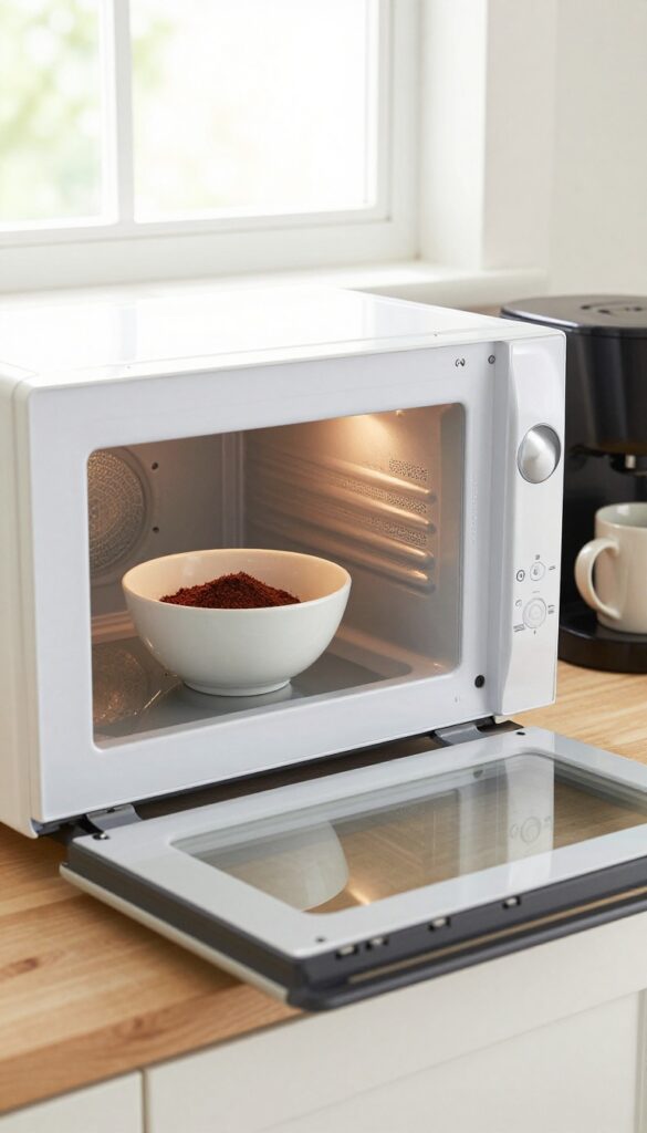Open microwave with a bowl of coffee grounds inside for odor absorption, bright kitchen setting