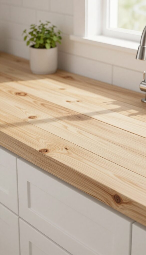 Reclaimed wood plank kitchen backsplash with white cabinets and natural light