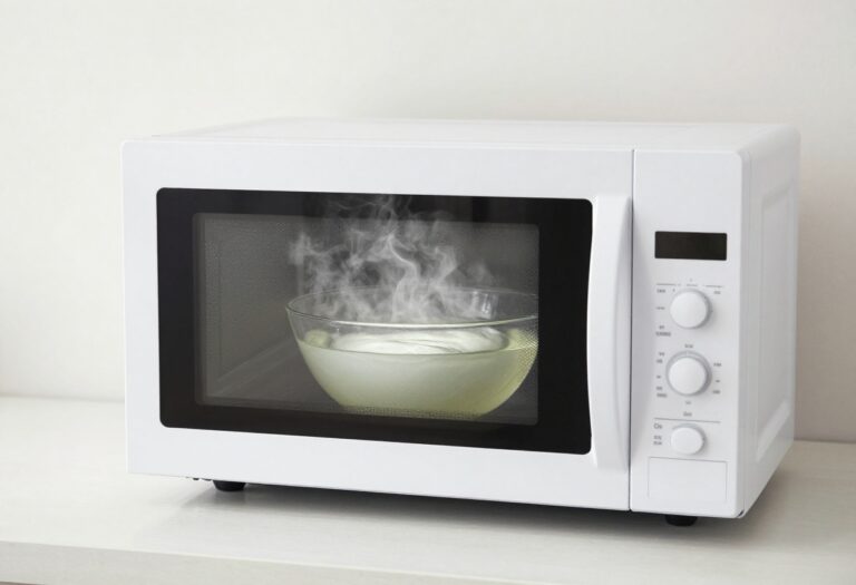 Microwave with a steaming bowl of vinegar and water inside for cleaning