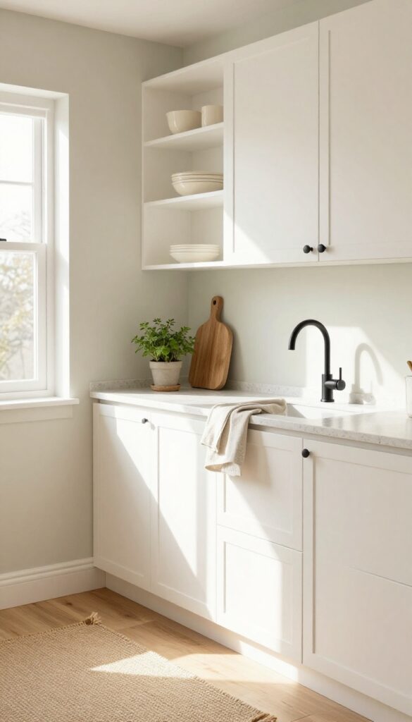 Light and neutral small kitchen with warm white cabinets, open shelving, and matte black hardware