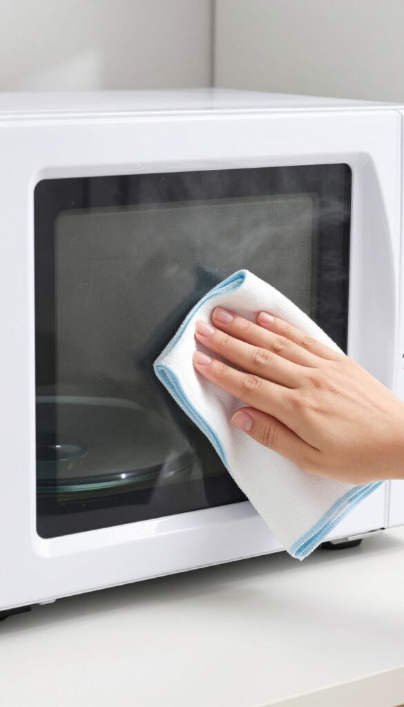 Hand wiping the interior ceiling of a microwave with a damp cloth, showing steam and cleanliness