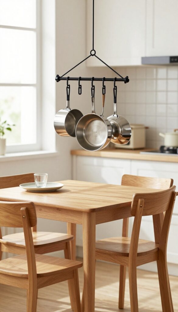 Hanging pot rack over a small kitchen table with chairs, natural light, organized cookware.