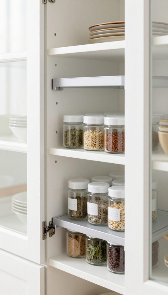 Small pantry with magnetic spice strips on the inside of the door holding uniform spice jars, organized and accessible.