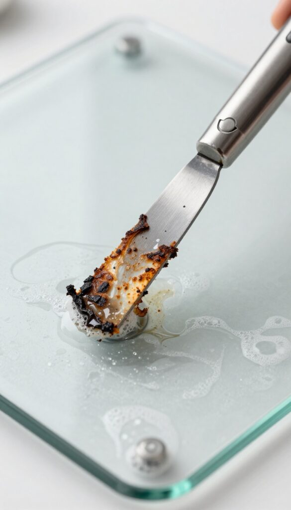 Razor blade scraper removing baked-on burnt layer from glass stove top
