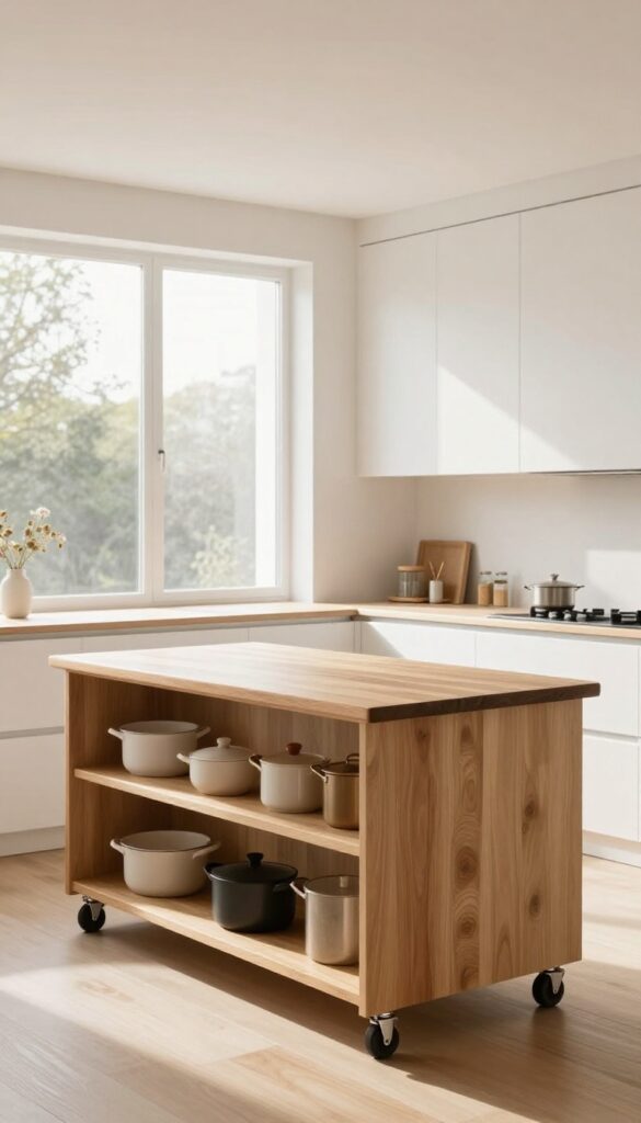 Rolling kitchen island with butcher block top and open shelving in a small, modern kitchen