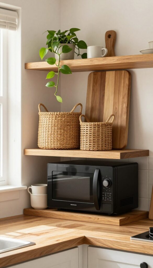 Open shelving nook with microwave centered between woven baskets, cutting board and pothos plant above, warm wood tones, natural light.