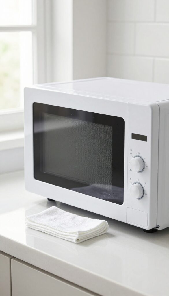 Clean microwave interior with a damp microfiber cloth on the open door, bright natural light.
