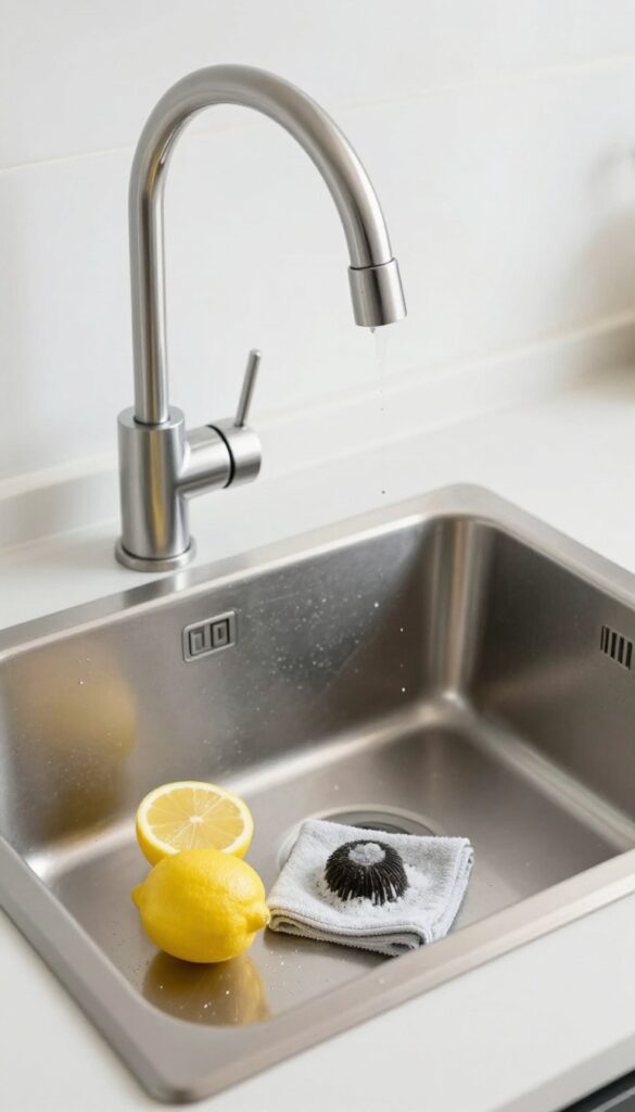 Bright kitchen sink and faucet sparkling clean with lemon and baking soda nearby