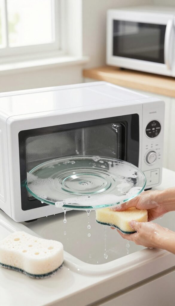 Cleaning a glass microwave turntable in a sink with soapy water and a sponge.