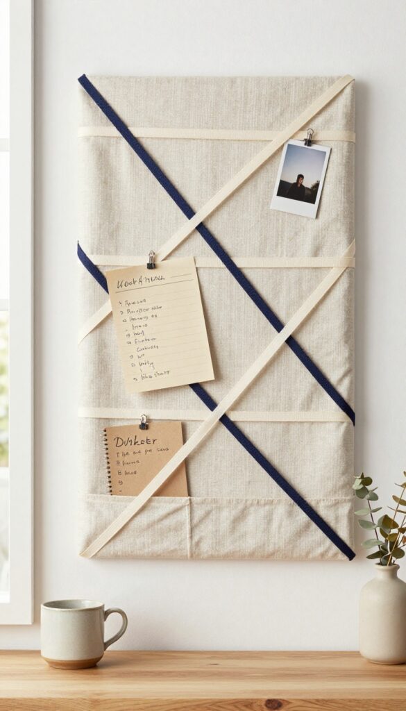 Fabric-covered corkboard with ribbon grid holding notes and menus in a cozy kitchen