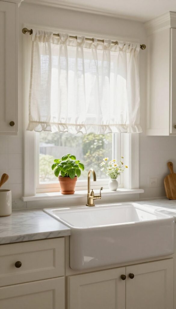 White ruffled valance over kitchen sink window with potted herbs and flowers on windowsill, bright natural light