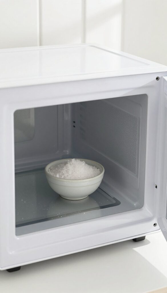 Bowl of salt inside a clean microwave for odor removal