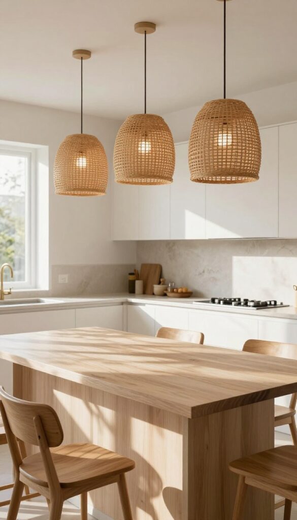 Three woven rattan pendant lights hanging over a kitchen island in a light and airy kitchen with natural sunlight and desert warmth.