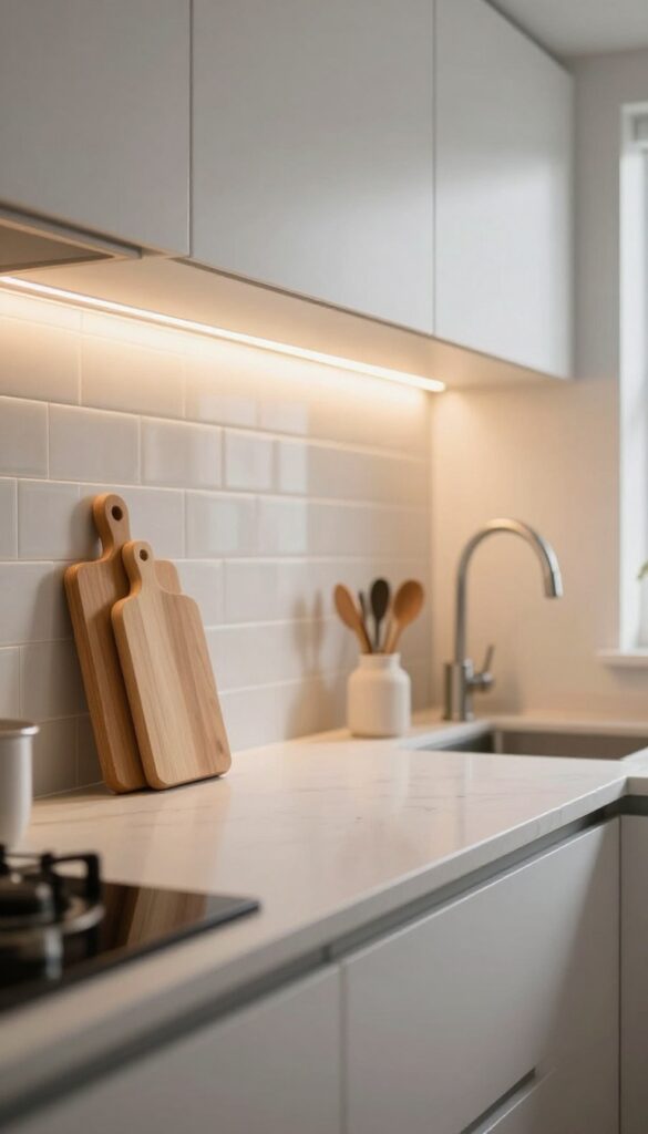 Under-cabinet lighting casting a warm glow on a kitchen countertop with a wooden cutting board and subway tile backsplash
