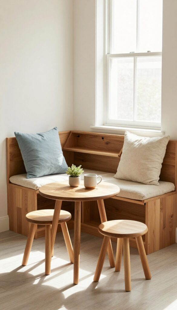 Cozy kitchen window seat with built-in bench, hidden storage, plush cushions, and a small breakfast table in warm natural light.