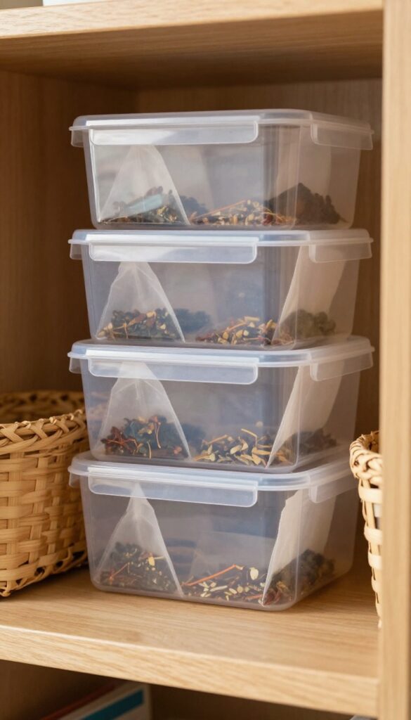 Clear takeout containers used as pantry bins on a wooden shelf, filled with tea bags and spices, in warm natural light.