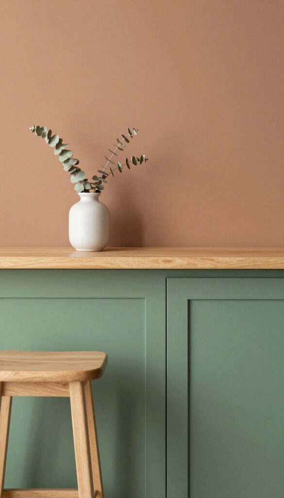Green and terracotta color blocked kitchen wall with shelf and vase