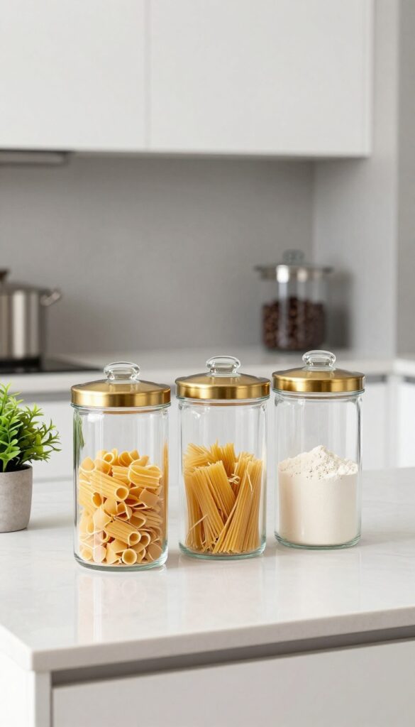 Clear glass canisters with brass lids on open kitchen shelf near window, filled with pasta and coffee beans, with a small plant nearby.