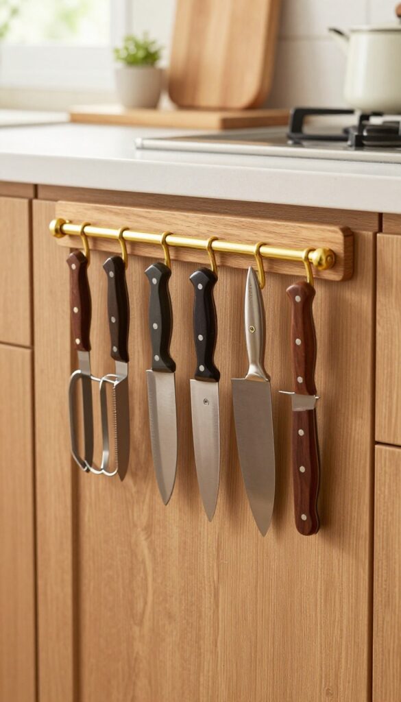 Magnetic knife strip mounted on kitchen backsplash with knives and shears, warm wood and brass, bright natural light.