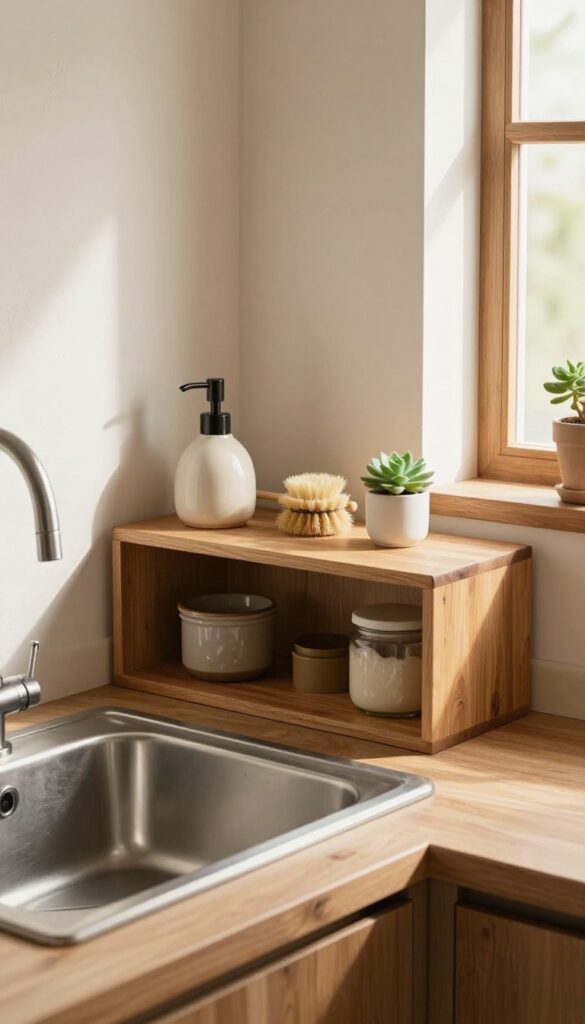 Open wooden shelf above kitchen sink with ceramic soap dispenser, scrub brush, succulent, and jar, warm natural light