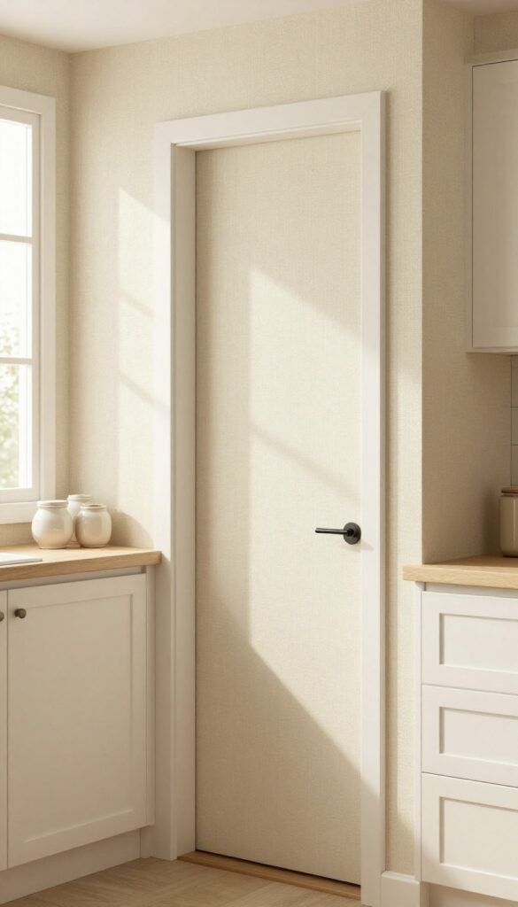 Hidden pantry door covered in matching wallpaper, flush with wall, no visible handle, in a bright kitchen with natural light.